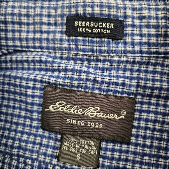 Eddie Bauer Shirt Men's Sz Small Textured Seersucker Blue Plaid Short Sleeve EUC - Picture 3 of 7